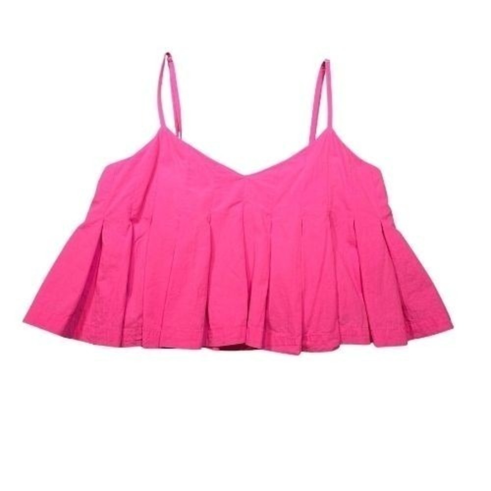 Hot Pink L Pleated Babydoll Cami Top Adjustable Straps V-Neck Fuchsia Sleeveless